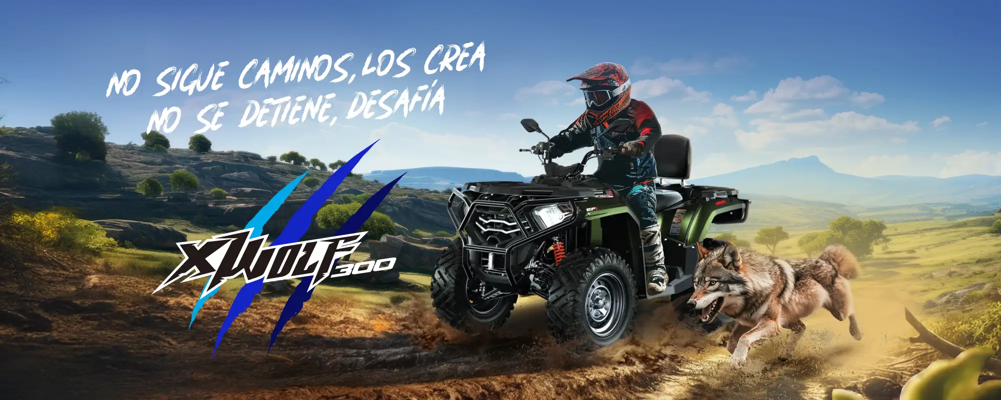 Genesis XWOLF 300: cuadraciclo negro en campo abierto junto a un lobo, bajo el lema No sigue caminos, los crea. No se detiene, desafía