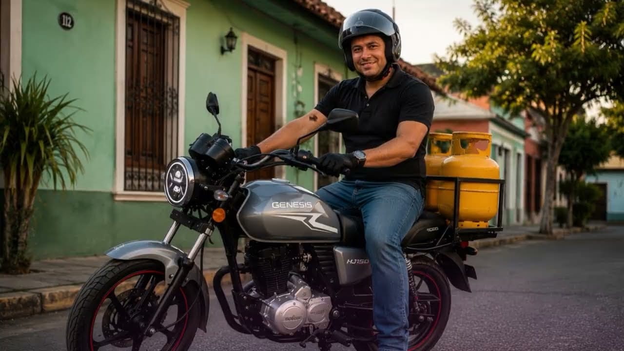 Cuadro del video de Genesis Nicaragua: un repartidor sonriendo sobre una HJ150 gris con dos cilindros de gas en la parrilla, en una calle colonial